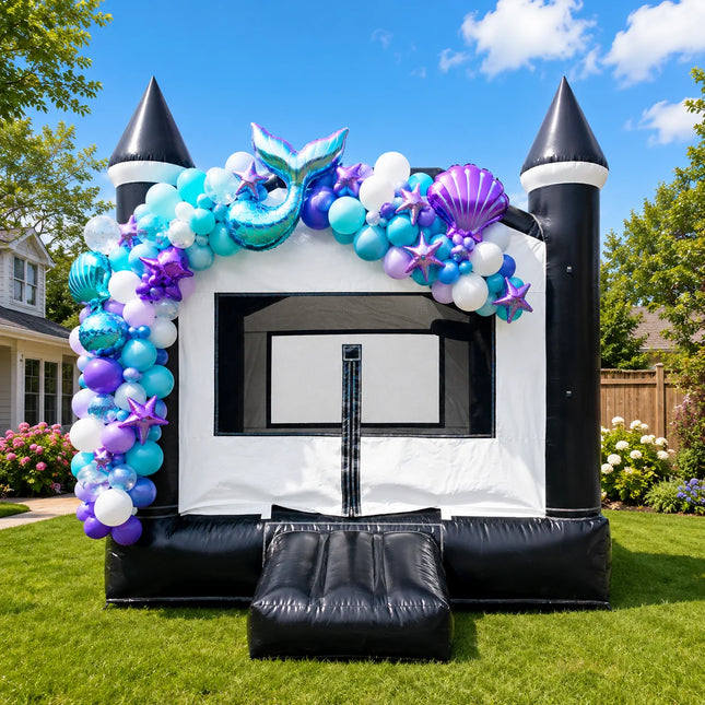 13x10x11ft Big Size Commercial PVC Inflatable Bouncy Castle Outdoor Bounce House with Basketball Hoop Black And White for Kids Parties And Backyard Fun