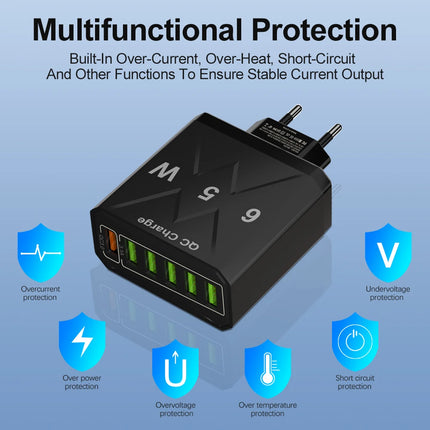 6 Ports USB Charger Fast Charging QC3.0 Travel Charger For iPhone17 16 Samsung Xiaomi Vivo Mobile Phone Adapter EU US UK Plug