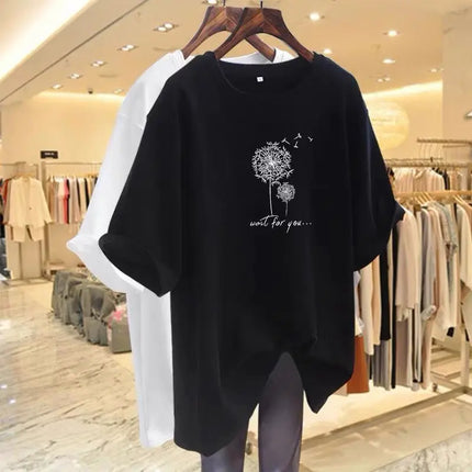 Women Clothing O-neck Short Sleeve 100 Cotton Basic T-shirts Summer Fashion Elegant Dandelion Printing Top Tee Loose Pullovers