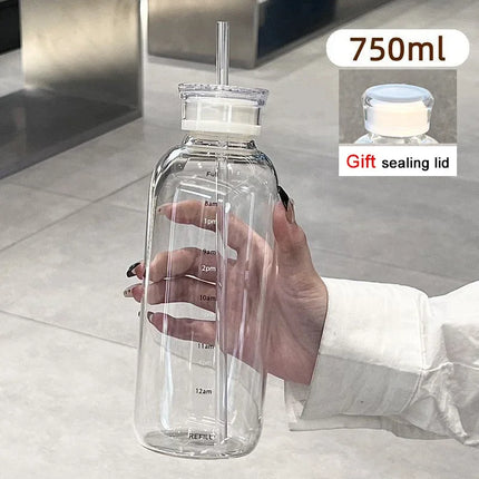 550-750ml Large Capacity Glass Water Bottle With Time Marker Transparent Juice Milk Glass Cup With Lid And Straw Drinking Bottle