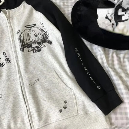 Japanese Contrast Color Hooded Tops Women Y2k Aesthetic Cartoon Print Grunge Hoodie Casual Zip Up Sweatshirt Harajuku Streetwear