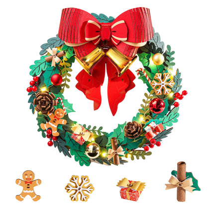 Rolife 3D Wooden Puzzle Christmas Wreath Model Building Kit with LED Light Red Bow Golden Bell for Holiday Door Christmas Decor