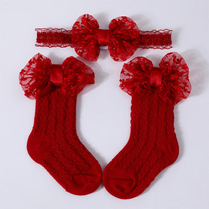 3-12M Newborn Baby Girls Socks Headband Set Cute Breathable Knit Bow Princess Dress Socks for Party, Wedding, Photography
