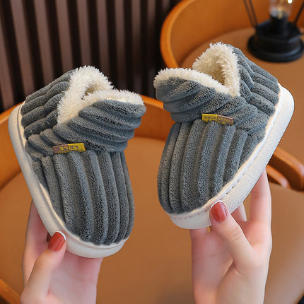 New Winter Simplicity Stripe Plush Slippers Children's Non-slip Soft Sole Kids Boys Girls Heel Wrap Warm High Home Cotton Shoes