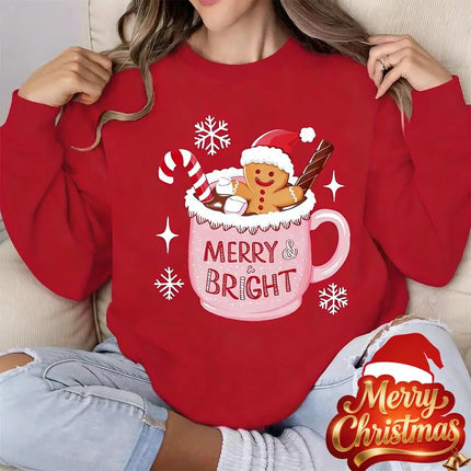 Funny Christmas Gingerbread Mug Print Sweatshirt Women's Round Neck Pullover New Autumn And Winter Party Casual Women's Clothing
