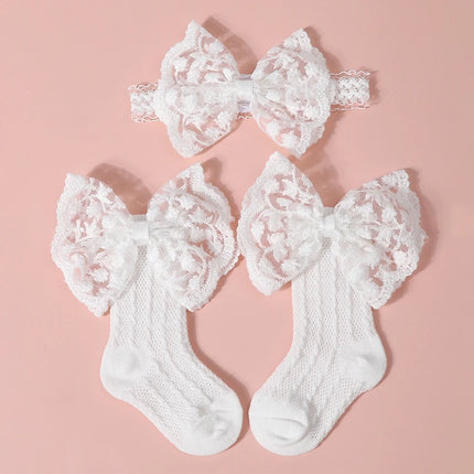 3pcs  Baby Bow Headband Socks Set  Turban Solid Soft Sock Toddler Boys Girls Lace Print Bowknot Elastic Hairband