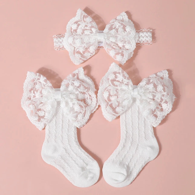3pcs  Baby Bow Headband Socks Set  Turban Solid Soft Sock Toddler Boys Girls Lace Print Bowknot Elastic Hairband
