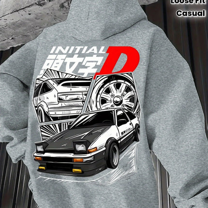 Black Hooded Sweatshirt Featuring Initial D Logo with Iconic JDM Car Illustration, Men's Anime Pullover