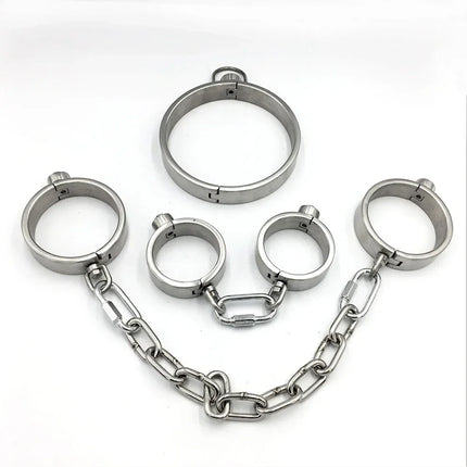 Heavy Stainless Steel Press Lock Wrist Handcuffs Ankle Cuffs Neck Collar Choker Shackles Bondage Adult Games Sex Toys for Couple