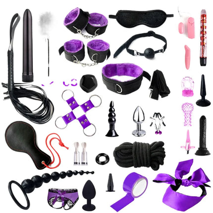 Fetish BDSM Kit Set Sex Toy Handcuffs for Woman Adult Supplies Handcuffs Whip Anal Plug Vibrator Bondage Rope Sexual Sexy Game
