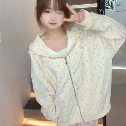 2025 New Sweet Floral Prints Zipper Hooded Hoodie Spring And Autumn Dressing Up Collection Casual Fashion Trends Versatile