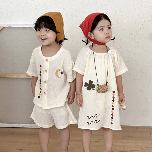 RAISE 2026 Summer Siblings Attires Children Pure Cotton Pajamas Set Kids Boys Tees+shorts Homewear Suit Kids Girls Print Dress
