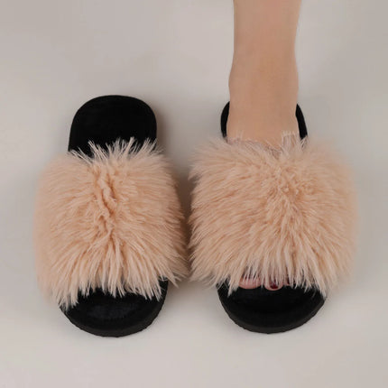 Women's Plush Faux Fur Slippers Winter House Carpet Fluffy Sandals Spring Autumn Outdoor Walking Open Toe Flip Flops