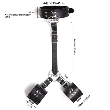 BDSM PU Leather Neck To Wrist Restraint Set Back Bind Bondage Harness Choker Collar with Handcuffs Slave Role Play Adult Sex Toy