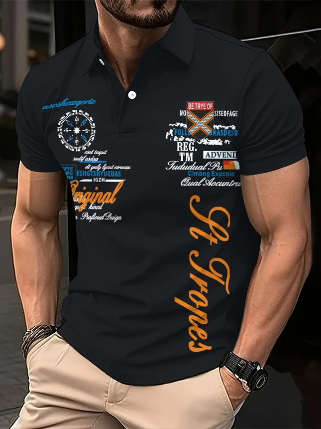 The 2025 summer new men's POLO shirt features a casual fashionable comfortable soft and breathable 3D letter pattern print