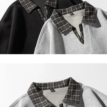 Retro Plaid Polo Neck Sweatshirt for Men and Women Heavyweight Cotton Soft Fake Two-Piece V-Neck Long Sleeve