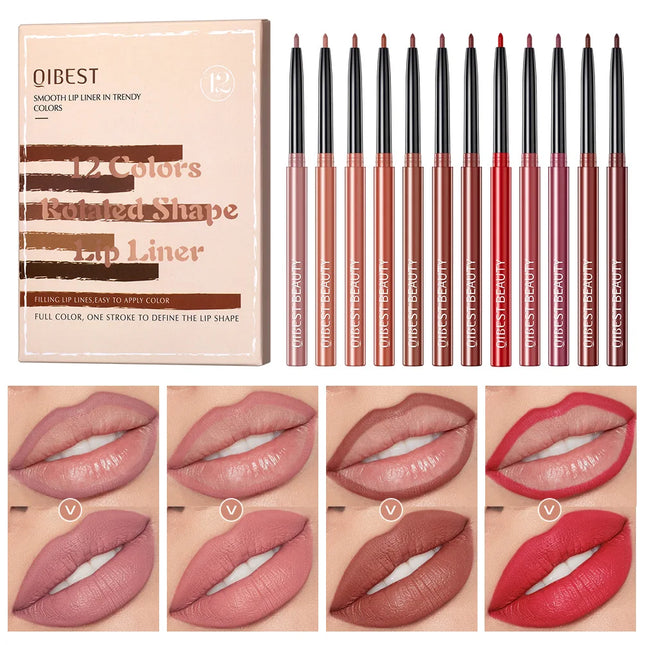 12-Piece Lip Liner Set - Long-Lasting, Waterproof, Nude Shades with Plant Squalane - Perfect Valentine's Day Gift for Her, Moist