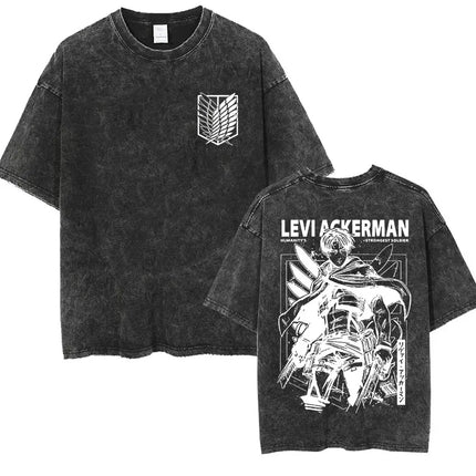 Anime Attack on Titan Vintage Washed Print T-shirt Mikasa Ackerman Eren Jaeger Wings of Freedom Logo Men's Summer Cotton T-shirts