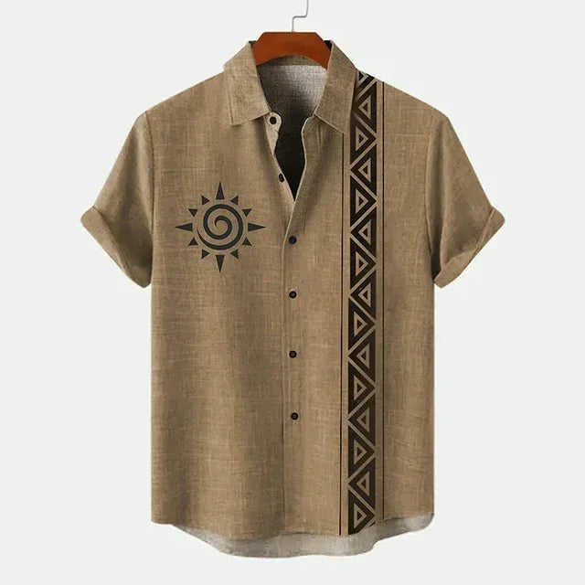 Vintage Men's Shirt Ethnic Pattern Printed Short Sleeve Lapel Shirt Summer Fashion Casual Street Men's Lapel Top Large Size Comf