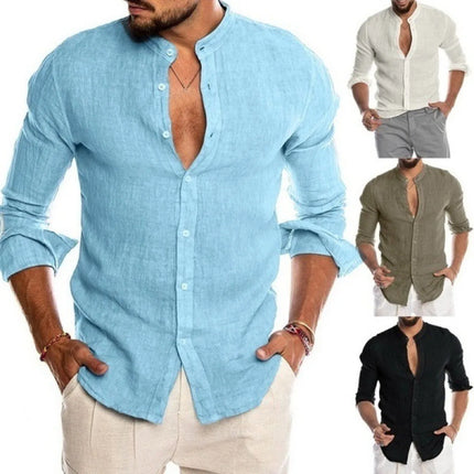 Men's casual long sleeve stand collar solid color shirt