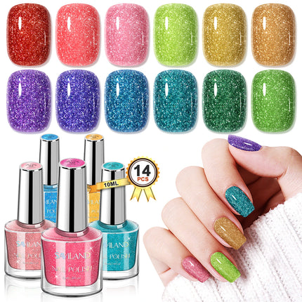 SAVILAND 12 Color Glitter Nail Polish Set Air Quick Dry Non Gel with Base Top Coat Holographic Shimmer Lacquer for Manicure