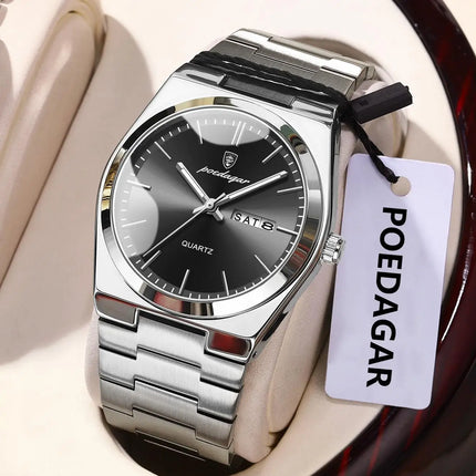 POEDAGAR Luxury Men Watch Stainless Steel Waterproof Luminous Men's Wristwatch Date Week Fashion Casual Men's Quartz Watches Reloj