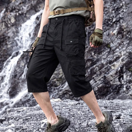 Men Washed Cotton Tactical Cargo Capri Shorts Multi Pockets Elastic Waist Outdoor Mountaineering Training9A310