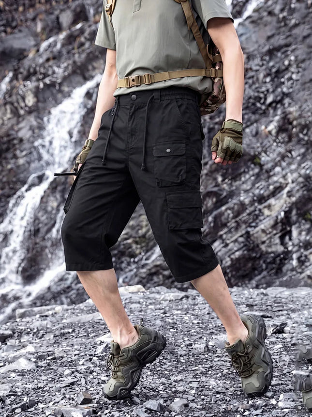 Men Washed Cotton Tactical Cargo Capri Shorts Multi Pockets Elastic Waist Outdoor Mountaineering Training9A310