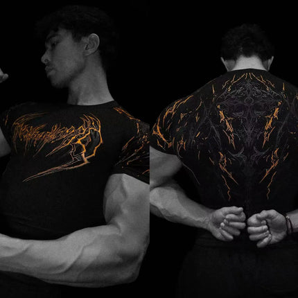 Men's Compression Sports Shirt Tee Gothic Lightning Print GYM Fitness Top Summer Quick Dry Breathable Bodybuilding T-shirt