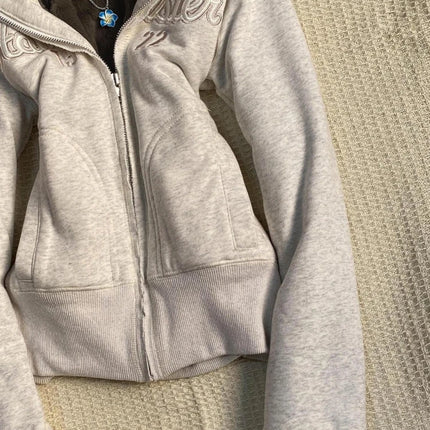 Y2k Aesthetic Vintage Fur Patchwork Hoodies Autumn Grunge Letter Embroidery Hoody Streetwear Cropped Zipper Sweatshirt Jackets