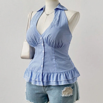 Oversized Women's Sleeveless Pleated Hem Casual Shirt Blue Striped Shirt V-Neck Beach Resort Backless