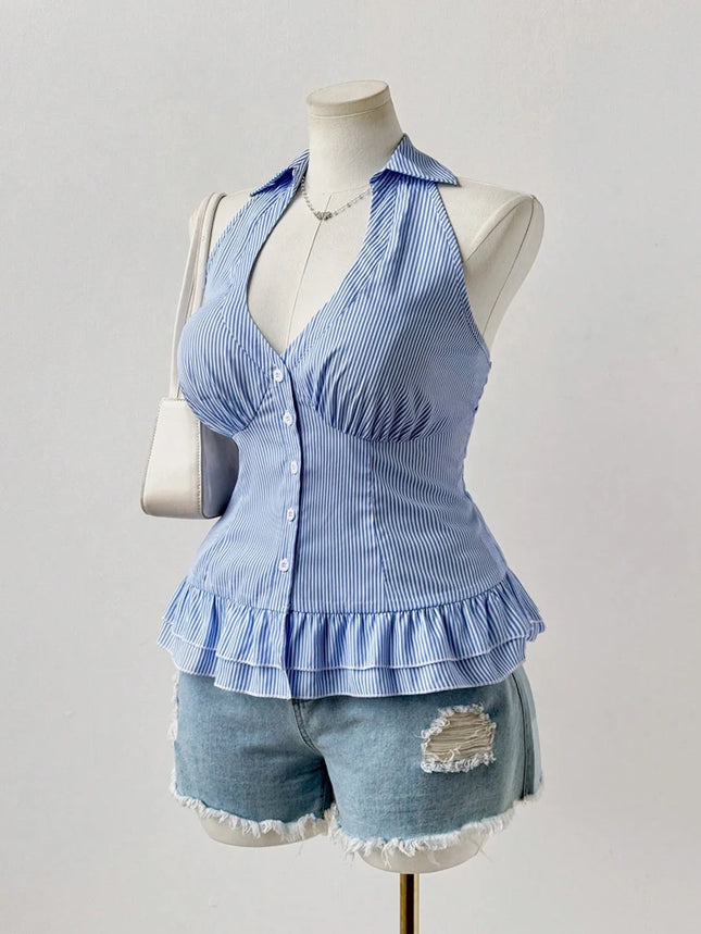 Oversized Women's Sleeveless Pleated Hem Casual Shirt Blue Striped Shirt V-Neck Beach Resort Backless