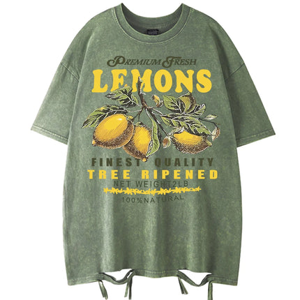 Premium Fresh Lemons Fruit Print Women Washed T-Shirts Y2K Comfortable Short Sleeve Loose All-Match T-Shirt Cotton Hip Hop Top