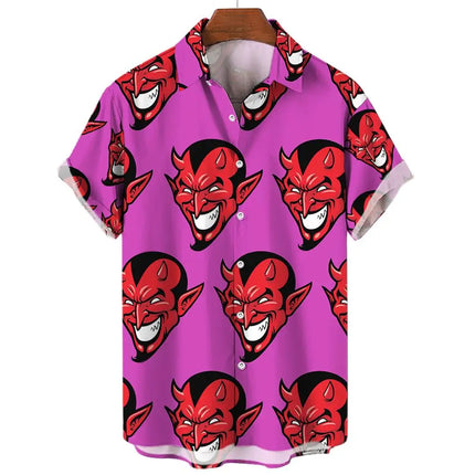 Devil Pattern Men's Shirts Oversized Shirt Loose Casual Double Patchwork Red Imp Party Festival Camisas Original