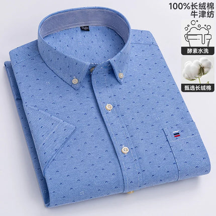 New 100% Cotton Oxford Men's Shirts Short Sleeve Plaid Soft Regular Fit Formal Dress Shirt Social Blouse Male Clothes 6XL 7XL