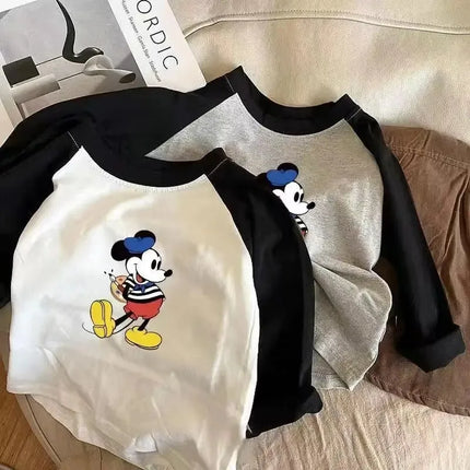 Baby Boys Girls Clothes 2025 Spring Children Cartoon Mickey Mouse Striped Raglan Sleeve Long Sleeve T-shirt Kid Fashion Clothing