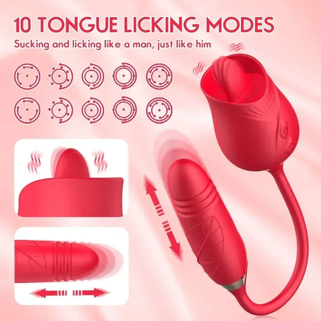 Rose Tongue Vibrator for Women, Powerful Licking Clitoris Stimulation, Telescopic Dildo, Thrusting Licking Vagina Massager Sex Toys