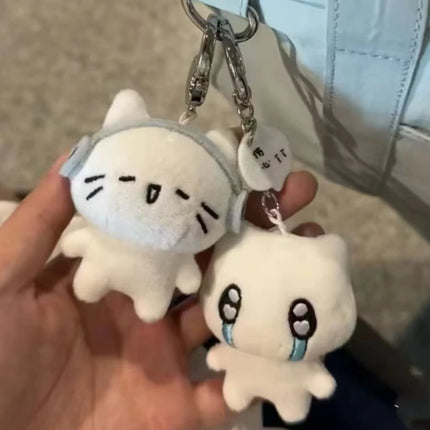 Cute Headphones Kitten Couple Keychain Mini Crying Cat Doll Plush Keyring Cartoon Dog Bee Bag Pendant Charms Backpack Decoration