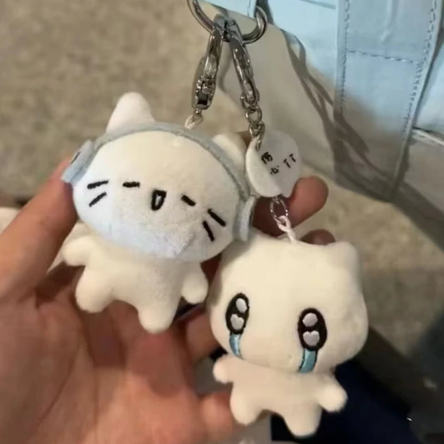 Cute Headphones Kitten Couple Keychain Mini Crying Cat Doll Plush Keyring Cartoon Dog Bee Bag Pendant Charms Backpack Decoration