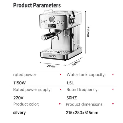 20Bar Semi-Automatic Espresso Machine,Stainless Steel Casing,Professional Spouted Portafilter,Equipped with a pressure gauge