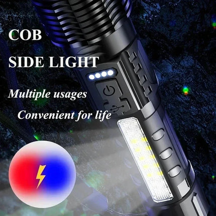 Powerful LED Flashlight Type C Rechargeable Waterproof Torch with Side Light 7 Modes Zoomable Lamp for Camping Fishing Lantern