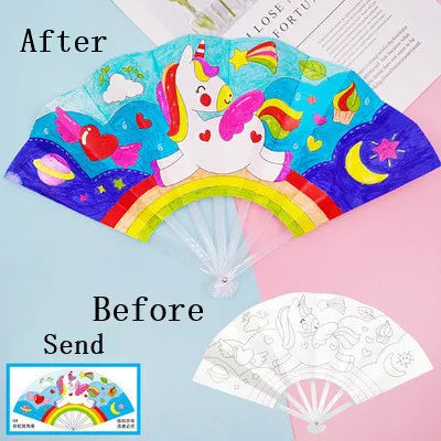 Painting Summer Fan DIY Toys For Children Cartoon Animal Color Graffiti Origami Fan Art Craft Toy Creative Drawing Kids