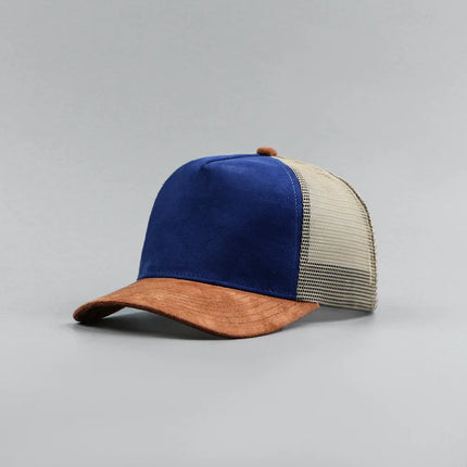 Leather Label Custom Logo Five-panel Suede Baseball Cap Men and Women Spring and Summer Color Matching Mesh Truck Driver Hat