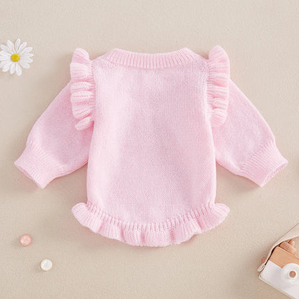 Newborn Baby Girls Knit Sweater Romper Long Flying Sleeve O Neck Mini Letter Embroidery Romper Jumpsuits
