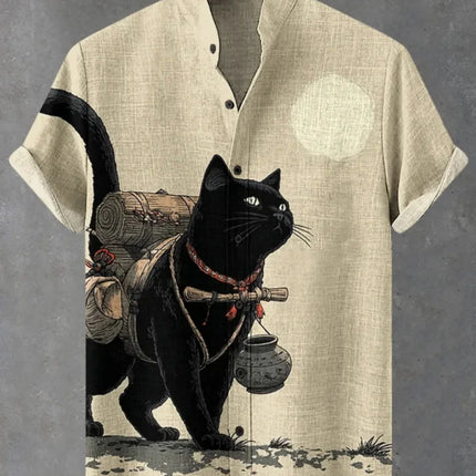 Men's Japanese Retro Art Black Cat Print Shirt Short Sleeve Stand up Collar Single Breasted Casual Linen Top for Vacation