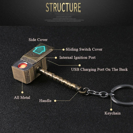 Creative Windproof USB Electric Rechargeable Lighter Thor Hammer Zinc Alloy Flameless Keychain Lighter Men's Smoking Gift