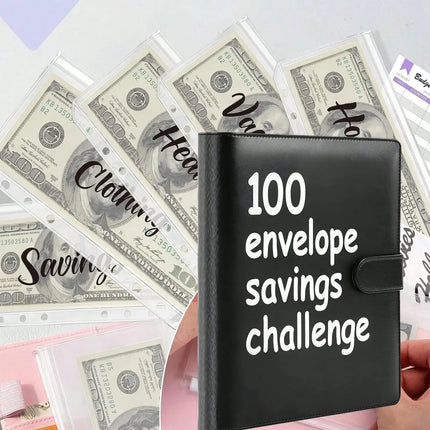 100 Envelope Savings Challenge Binder, PU Leather Budget Planner Book, Money Saving Challenge Notebook for Cash Budgeting Financial Planning