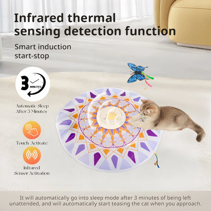 USB Rechargeable 3-in-1 Interactive Cat Teaser Toy 360° Rotating Feathers & Mandala Pattern, 1200 battery capacity Plastic Design