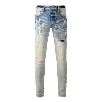 High Street Men's Jeans American Distressed Dark Black Coated Blank Stretch Skinny Button Fly Ripped Pants Trousers