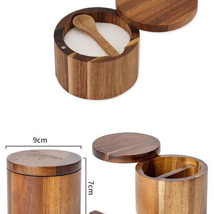 Acacia Wood Salt and Pepper Bowl Box with Lid and Spoon Acacia Salt Cellar with 360° Swivel Lid Spice Seasoning Container JT509